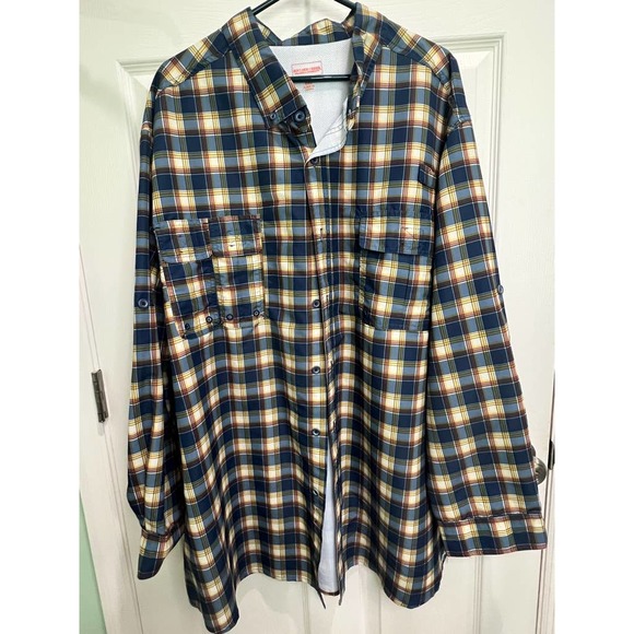 Boulder Creek Other - Boulder Creek Blue, Orange, Yellow Plaid Fishing Shirt Button Up Sz 4XL